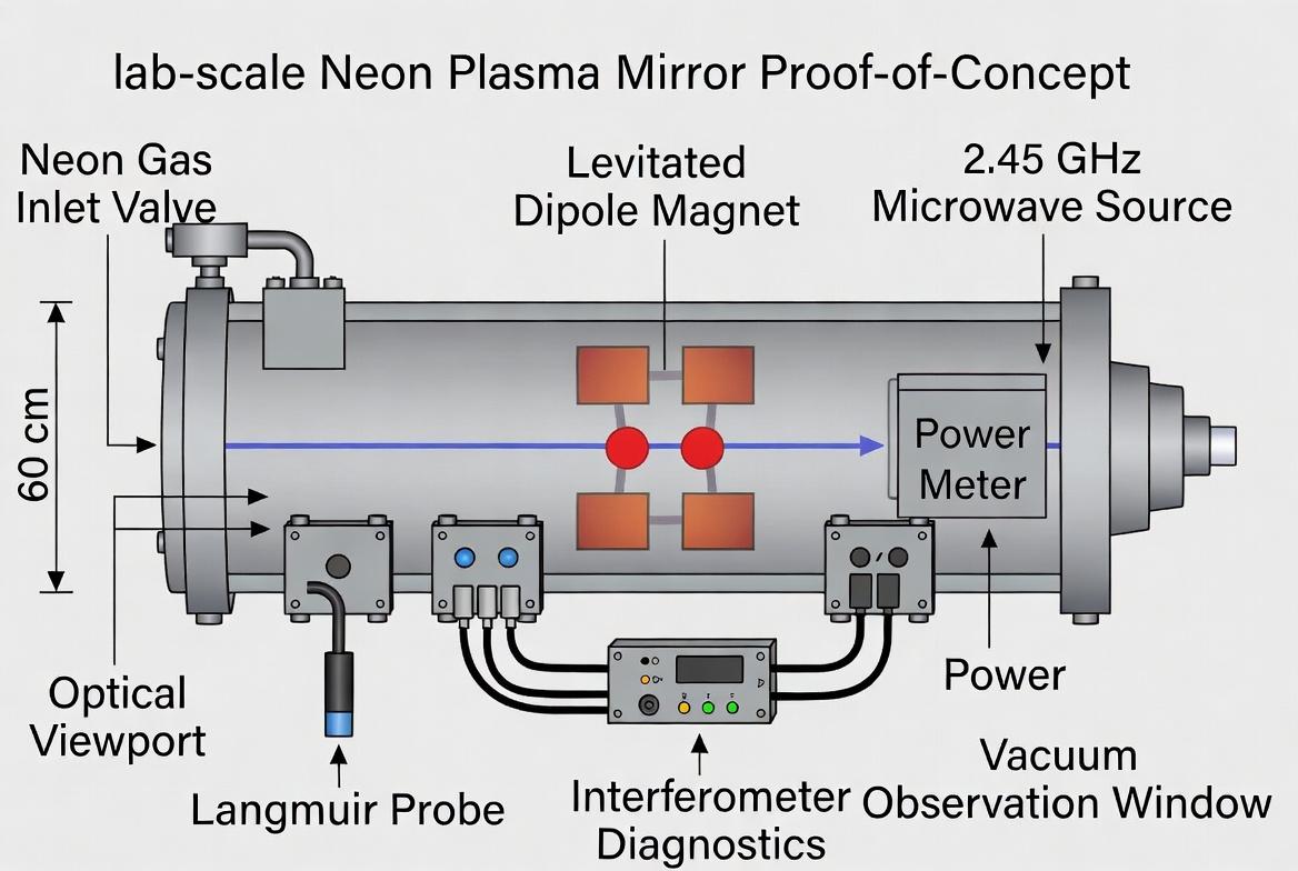 Laboratory-scale Neon Plasma Mirror Proof-of-Concept (~60 cm cylindrical chamber). Key elements include central dipole magnet, 2.45 GHz microwave injection, neon gas handling, and diagnostics for density profiling and power balance.