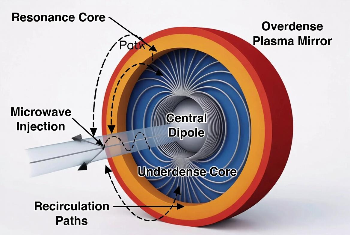 Microwave propagation in the Resonance Core. Waves traveling through the magnetized underdense plasma undergo Faraday rotation and Cotton-Mouton birefringence before reflecting at the overdense plasma cutoff layer, enabling recirculation.